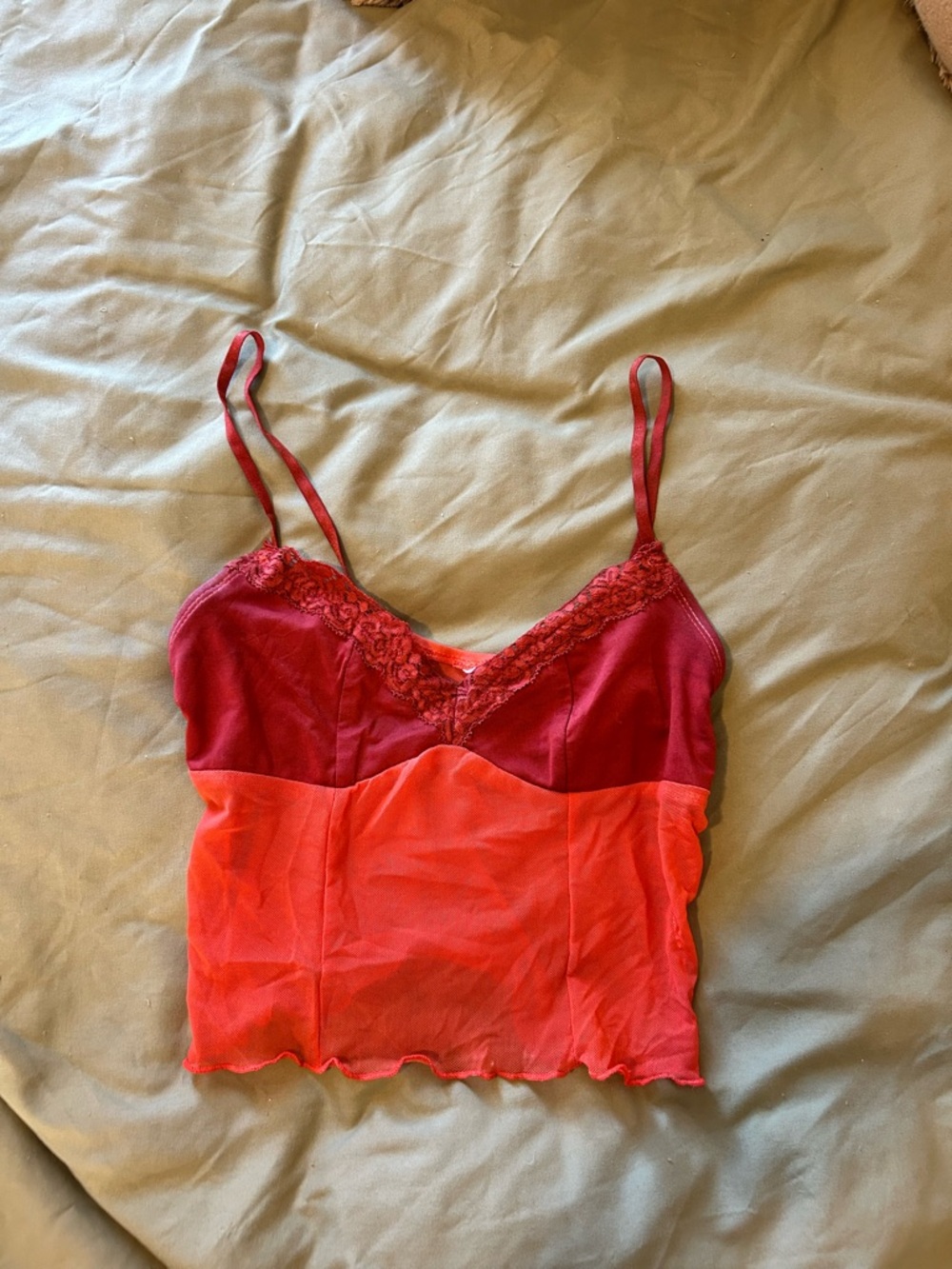 Two-Tone Lace Trim Cami in Red and Coral